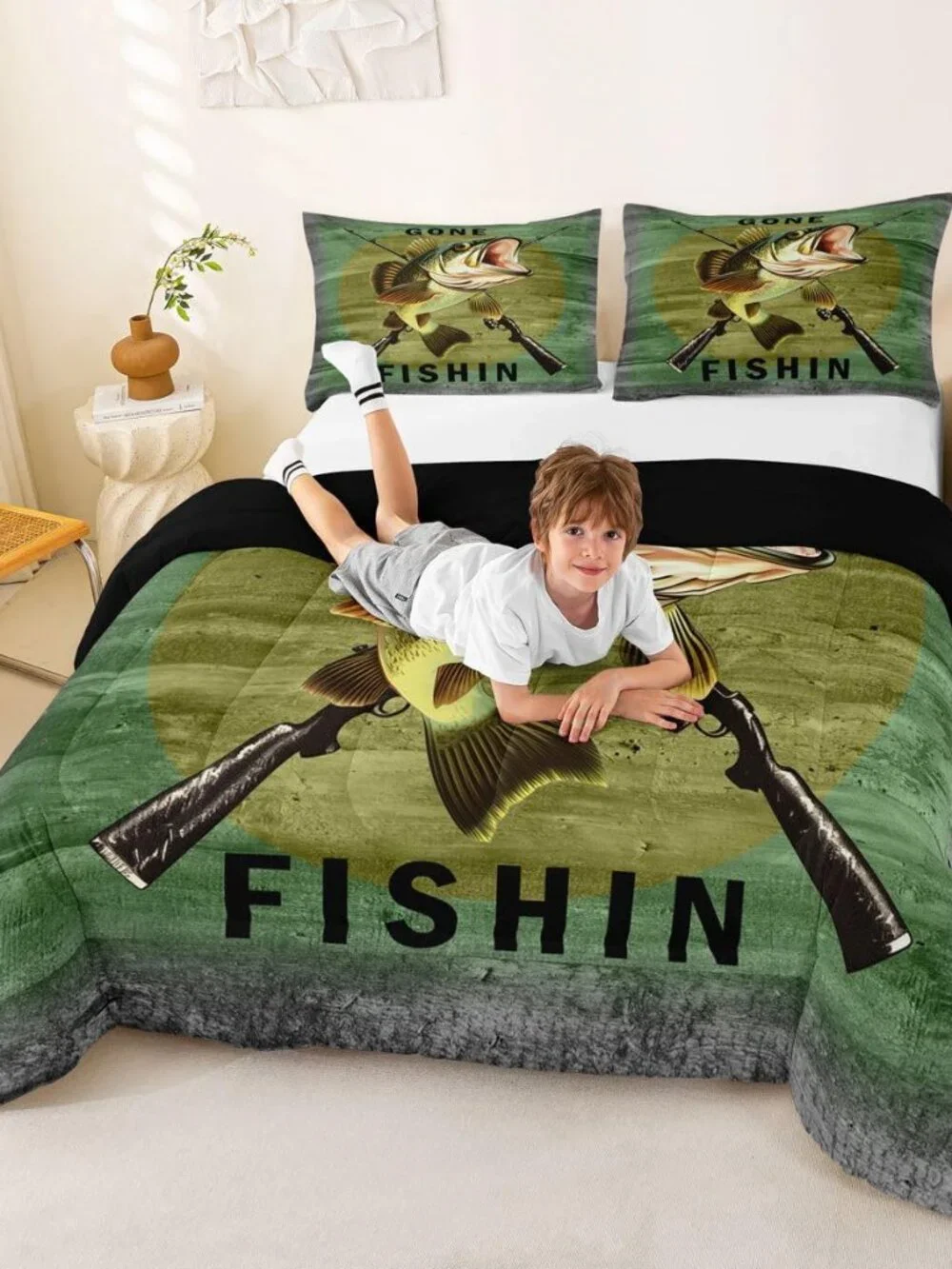 Pike Fish Hunting Comforter Set Twin Size Kids Boys Bedding